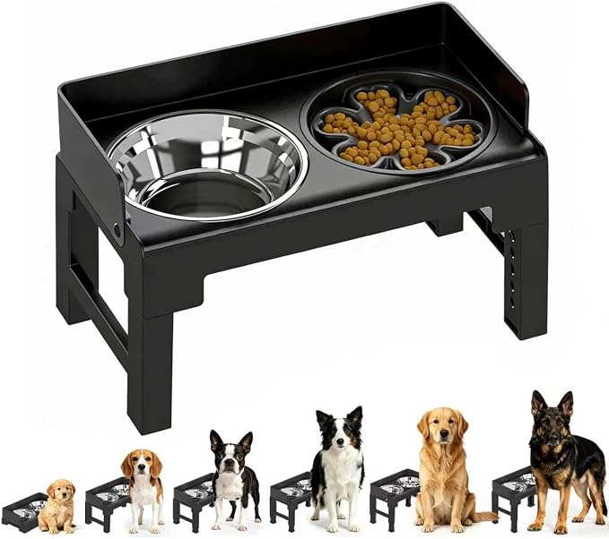 PAKEWAY Elevated Dog Bowls for Medium and Large Dogs, Spill-Proof Tiltable Dog Feeder with Slow Feeder Bowl and Stainless Steel Water Bowl, 6-Height Adjustable Raised Dog Bowl Stand by PAKEWAY