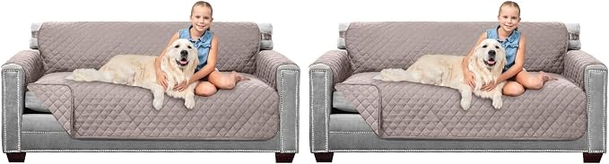 Sofa Shield® Couch Slip Covers for Dogs, Reversible Furniture Protector with Strap, Stain and Tear Resistant Cushion Cover, 70 inch Seat, Machine Washable Slipcover Pets, Cats, Light Taupe (Pack of 2) by SofaShield
