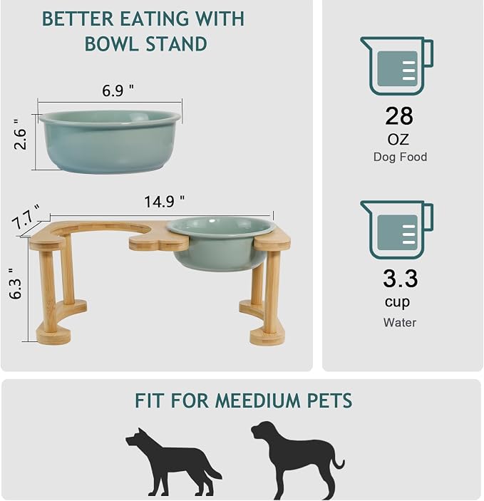 Raised Ceramic Dog Bowl, Elevated Food and Water Feeding Set, Light Green | Pet Dishes For Small and Medium Breeds, 6.9" Wide Double Modern Porcelain Bowls, 6.3" High Wooden Stand, Non-Slip, 28Oz/800ML - Image 2