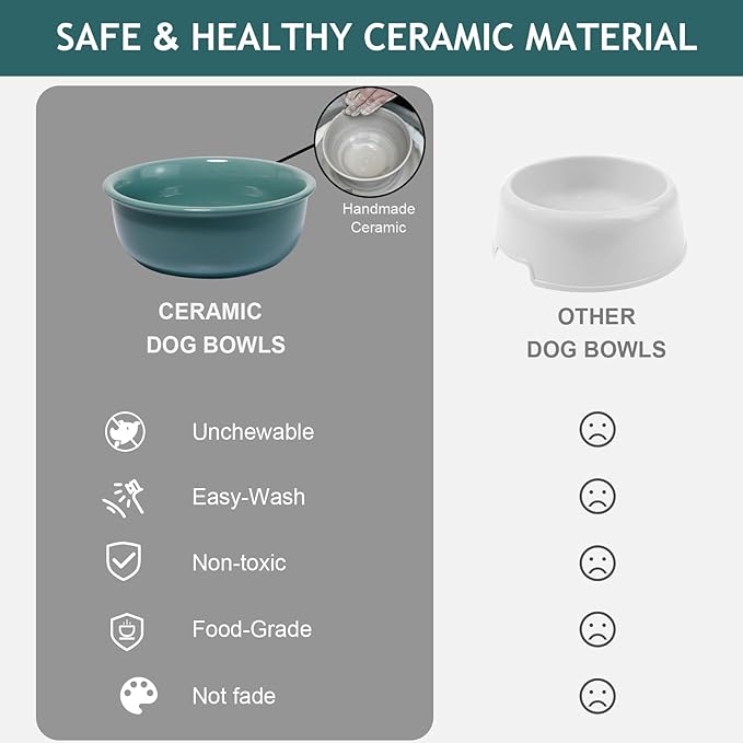 Ceramic Elevated Dog Bowls, Raised Pet Food and Water Bowl Set, Dark Green | Feed Tray For Small and Medium Breeds, 6.9" Wide Double Modern Porcelain Bowls, 6.3" High Wooden Stand, Non-Slip, 28Oz/800ML - Image 3