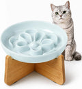 Elevated Slow Feeder Cat Bowl - Melamine Cat Dish with Anti-Slip Bamboo Stand - Whisker Friendly Feeding Bowl - Floral Maze Food Plate for Slow Eating - Blue by PTOBER