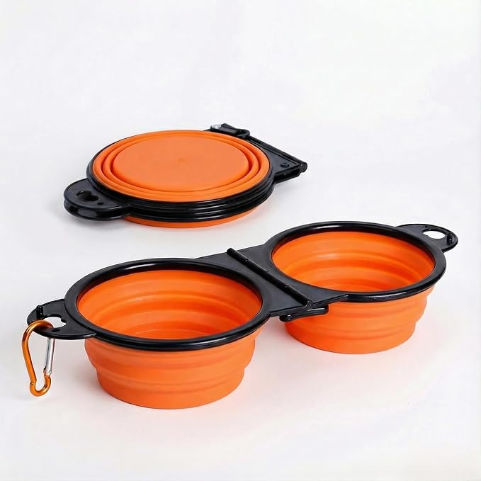 Double Collapsible Dog Bowls for Travel, Food & Water with Clip, Orange | 13.5 oz each, folds flat, carabiner clip, walking, hiking, camping, for small and medium pets - Image 2