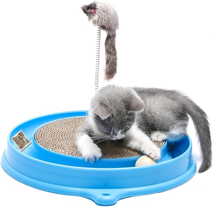 AUOON Cat Scratcher Toy with Ball Track for Indoor Cats and Kittens, Blue | 3 in 1 Interactive Cat Toy, Cat Scratch Pad with Cat Ball Toy and Cat Mouse Toy, for Chasing Exercise, Protect Furniture by AUOON