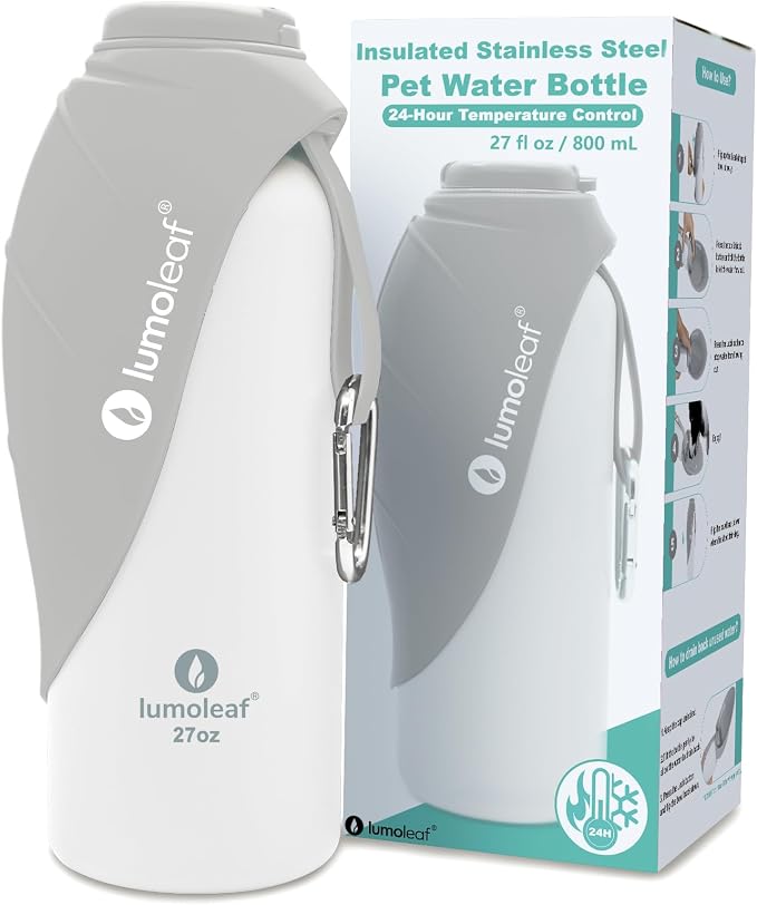 LumoLeaf Insulated Dog Water Bottle 27 oz Stainless Steel - Keep Water Cool or Warm, Portable Pet Water Bowl for Travel, Wide Mouth for Easy Ice Filling & Cleaning (Grey, 27 oz) by LumoLeaf
