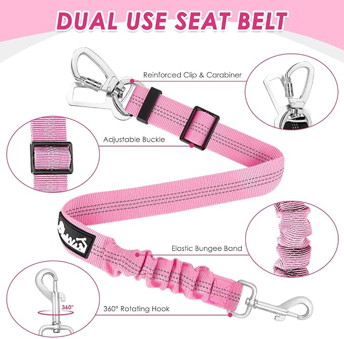 Lukovee Dog Car Harness Seat Belt, Harness & Seatbelt with 2 in 1 Buckle | Adjustable Soft Breathable Mesh Harness, Reflective Elastic Reflective Tether, for Small Medium Large Dogs Pets (A-Pink, XS) - Image 7