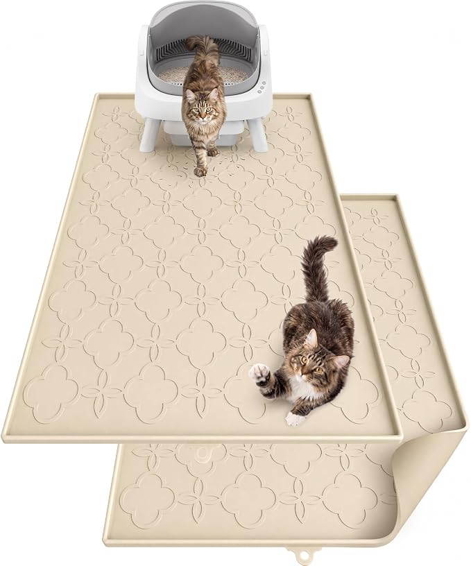 Pawtners Cat Litter Mat Extra Large 42" X 30", Easy to Clean, Beige, 2 Pack | Non-Slip Kitty Litter Mat for Floor, Waterproof & Urine-Proof Cat Litter Mat Litter Trapping Mat, Soft on Kitty Paws by Pawtners