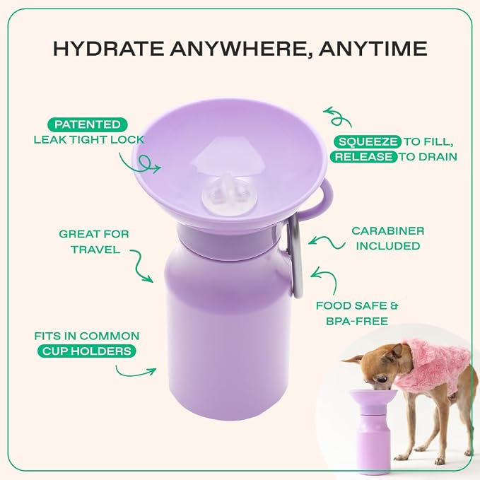 Springland 15oz Classic Portable Dog Water Bottle with Built-in Bowl, Lilac | Leak-proof, BPA-free, one-hand squeeze, for travel & hiking, fits car cup holders, great dog gift, as seen on Shark Tank - Image 3