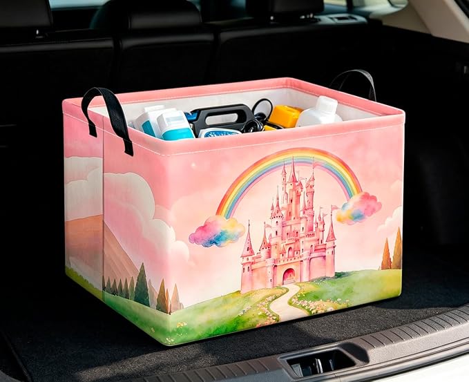 CLOCOR Rectangular Storage Basket Empty,Gift Basket,Waterproof Storage Bin with Handles,Room Decor(Pink Castle) - Image 4