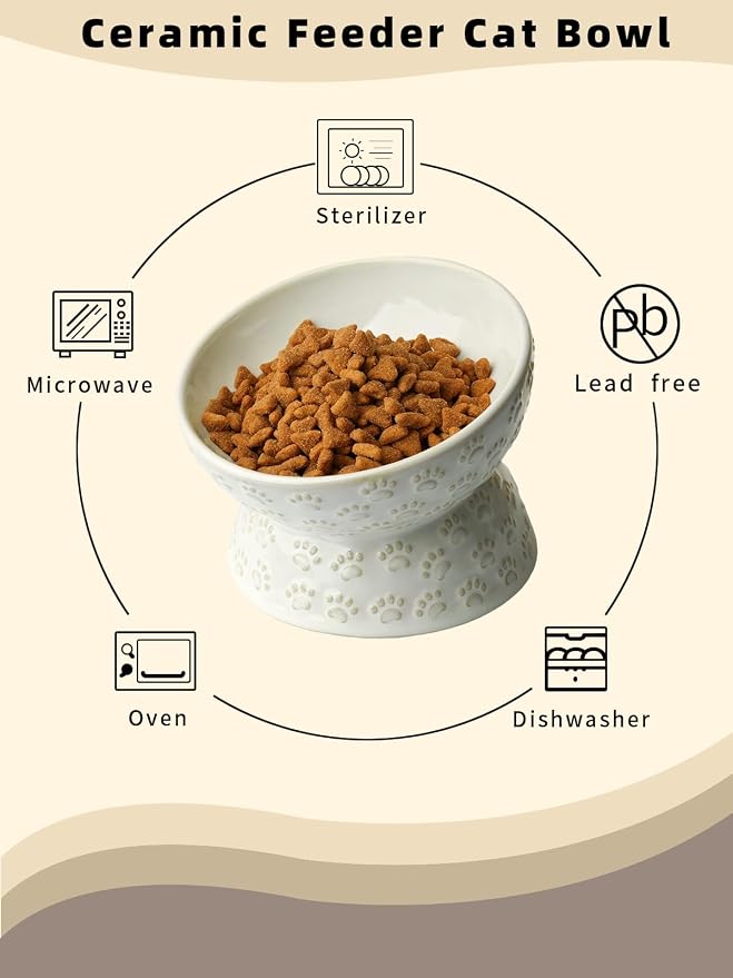Ceramic Tilted Elevated Small Cat Bowl, for Fat Faced Cat, Kitten, White | 15° Tilted Elevated Design,5oz Small Meal Capacity,Chin-Friendly Ceramic,Paw Print - Image 4