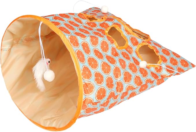 SYCOOVEN Cat Tunnel Bag for Indoor Cats, Pet Collapsible Tunnel Crinkle Sack Bag with 1 Little Mouse & Toy Ball, Crinkle Paper Interactive Cat Toys Hide and Seek(Orange Pattern) - Image 9