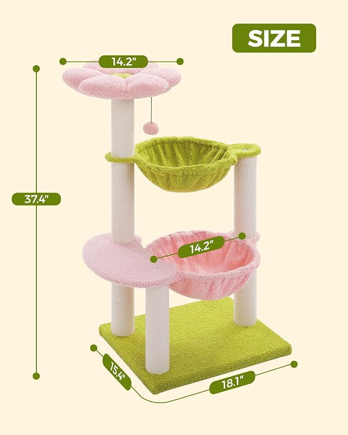 37.4" Flower Cat Tree with 2 Hammocks & 6 Sisal Posts, Pink | Flower top perch, 2 spacious hammocks, 6 sisal posts, Cute small tower, For indoor kittens, Sturdy build - Image 7