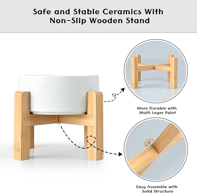 SPUNKYJUNKY Ceramic Elevated Dog Bowls 2 Pack - 5.1inch Raised Dog Bowls with Non-Slip Wooden Stand for Small Dogs Dishwasher Safe(White,13.5OZ*2) - Image 3