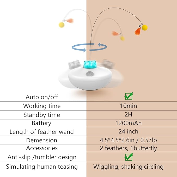 Oxawo Interactive Cat Toys Indoor Cats Toy Automatic Moving Feather Wand | Flying Feather Wobble Base Rechargeable Cat Toy, Extra Long Feather Wand Spin Cat Game & DIY Tails On - Image 6