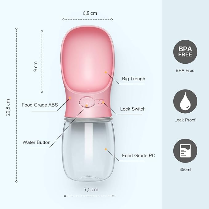 DEYACE Dog Water Bottle, Leak Proof Portable Pet Water Bottles for Dogs, Puppy Water Dispenser with Drinking Feeder for Travel (Pink 12oz) - Image 2