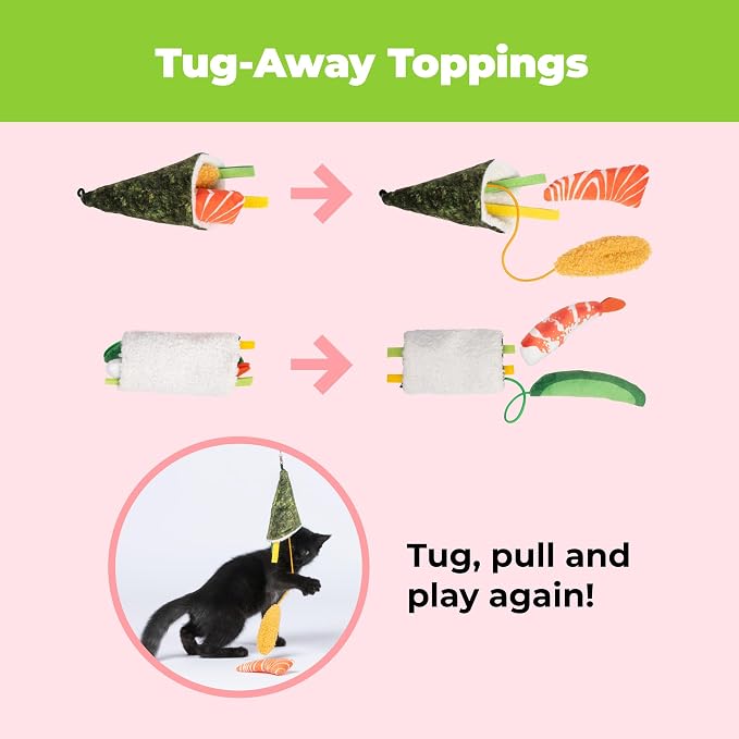 Best Pet Supplies Catify Interactive Cat Toy with Catnip - Sushi Rolls Set | Catnip Infused, Textured Tail and Crinkle Sounds, Soft Plush, Durable, For Indoor Cats & Kittens, Attaches to Wand, Pack of 3 - Image 2