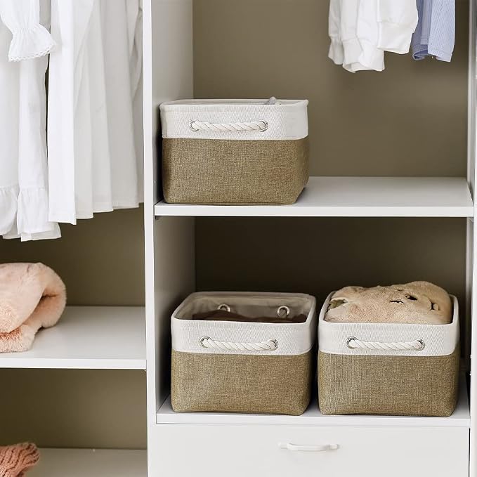 TheWarmHome Storage Basket for Organizing - 14x10x7 inch Medium 3 Pack Collapsible Storage Bin for Shelves with Handles, Canves Storage Box for Organizer Cubes Cloth Gift Toy Closet (White & Khaki) - Image 3