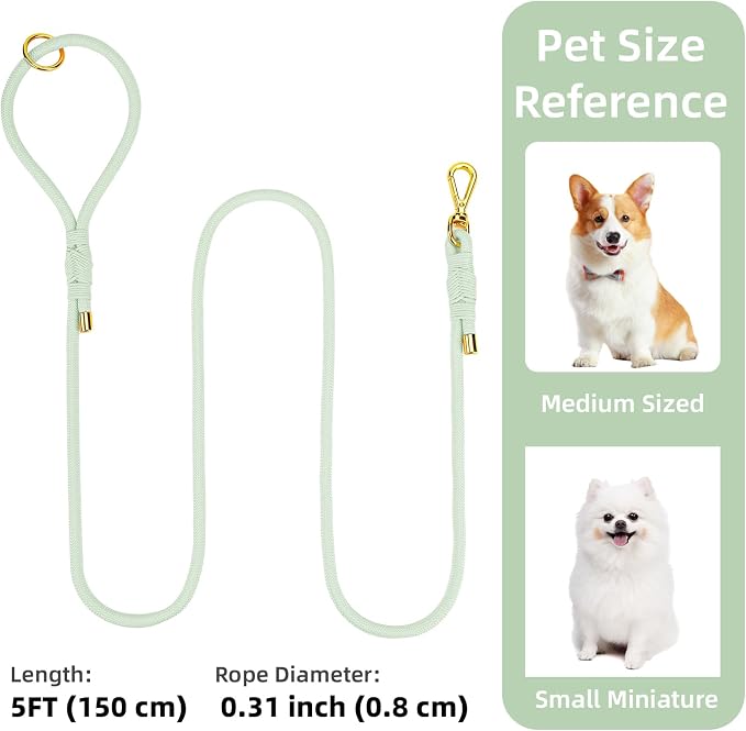 5FT Dog Leash 5/16 inch Puppy Cat Rope Lead | Light Green, with Anti-tangle Swivel Clip, Comfortable Non-slip Grip Handle, Ideal for Daily Walks, for Small Medium Dogs - Image 2