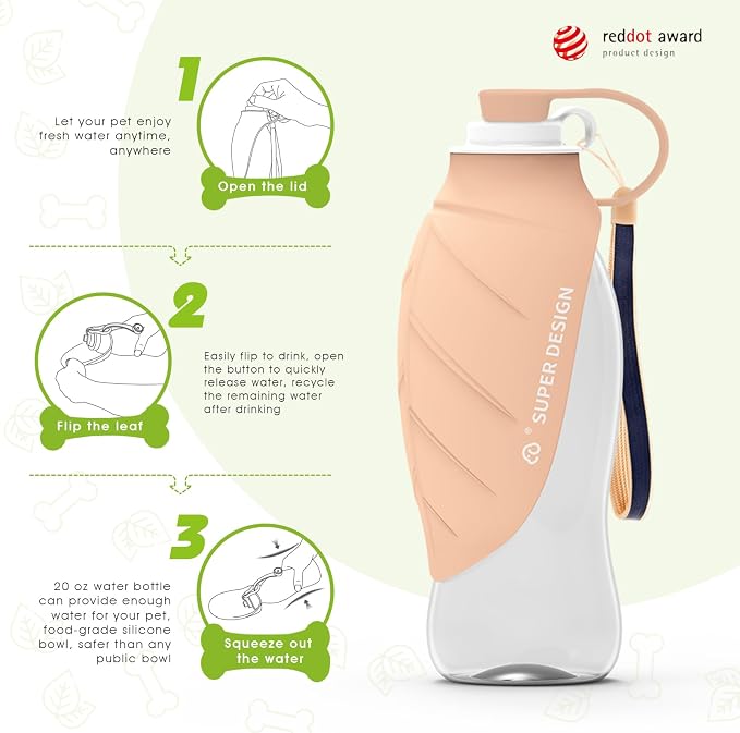 SUPERDESIGN Dog Water Bottle, Portable Dog Water Bottle for Small to Large Dogs, Leak Proof Dog Travel Water Bottle, Small Leaf Travel Water Bowl for Dogs and Dog Walking Accessories (19.6OZ, Pink) - Image 2