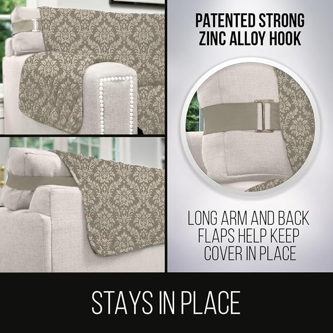 Sofa Shield® Couch Small Sofa Slip Cover with Strap, Damask Latte Ivory | Reversible Furniture Protector, Stain and Tear Resistant Cushion Cover, Machine Washable Slipcover for Pets, Cats 70 inch - Image 4