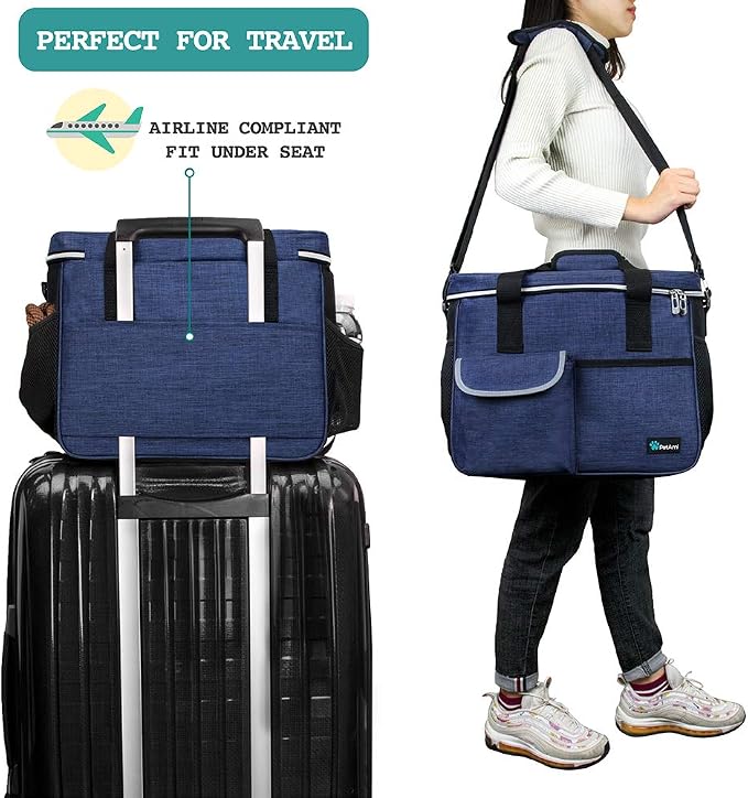 PetAmi Dog Travel Bag Organizer, Pet Supplies Diaper Tote, Navy Blue Medium | Pet Travel Kit with 2 Food Containers & 2 Collapsible Dog Bowls, Luggage Sleeve, Weekend Getaway Road Trip Camping Essentials - Image 5