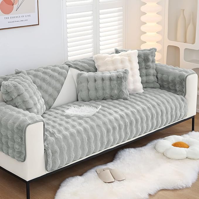 Faux Fur Couch Covers for Sofa Thick Fuzzy Sofa Covers for Dogs | Soft Warm Couch Cover Shaggy Fuzzy Sectional Sofa Cover Non-Slip Plush Sofa Slipcover Furniture Protector - Image 2
