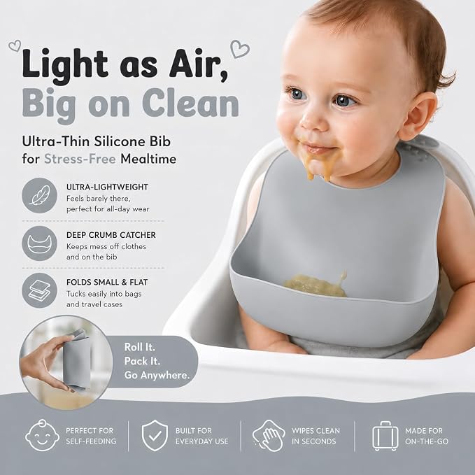 Travel Silicone Baby Feeding Set with 316 Stainless Steel Spoon & Fork ,Silicone Suction Plates, Foldable Bib, Storage Bag - Portable Infant Toddler Utensils, 6-Piece BPA-Free Dishware Kit（gray） - Image 3