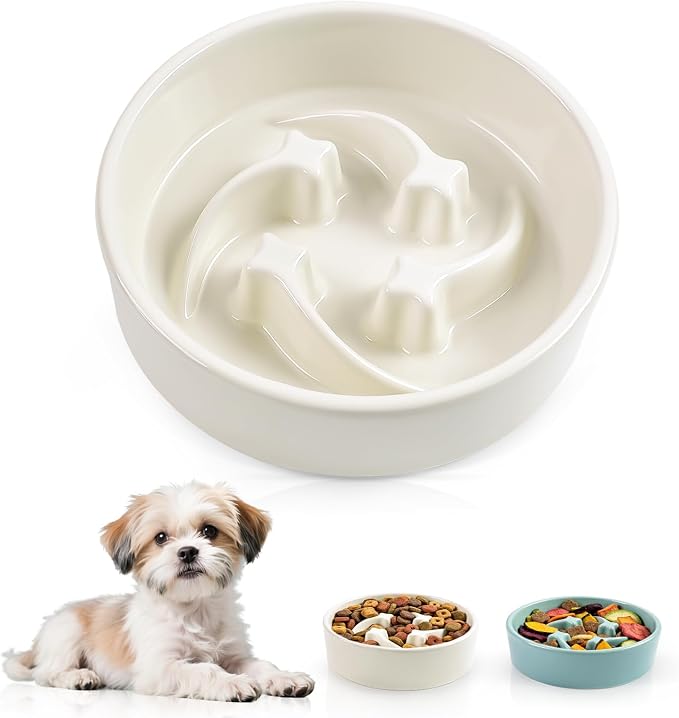 Ceramic Slow Feeder Dog Bowls, 0.6 Cups Dog Food Dish for Small Breed | Puzzle Dog Food Bowl for Fast Eater, 15OZ, 6.3 inch (Beige) by Unknown