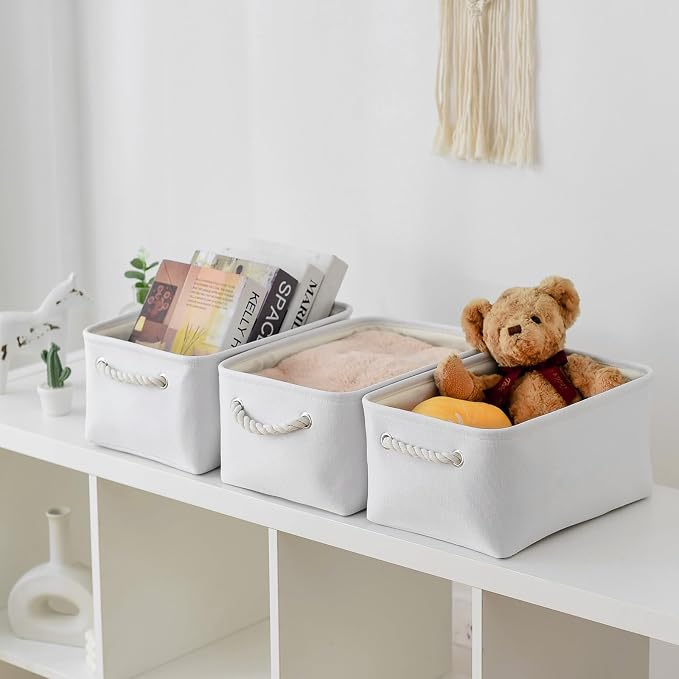 TheWarmHome Decorative Basket for Organizing - Medium-1Pack 13.8L*9.8W*6.7H Rectangular Fabric Storage Bin Organizer Basket with Handles for Clothes (White) - Image 3