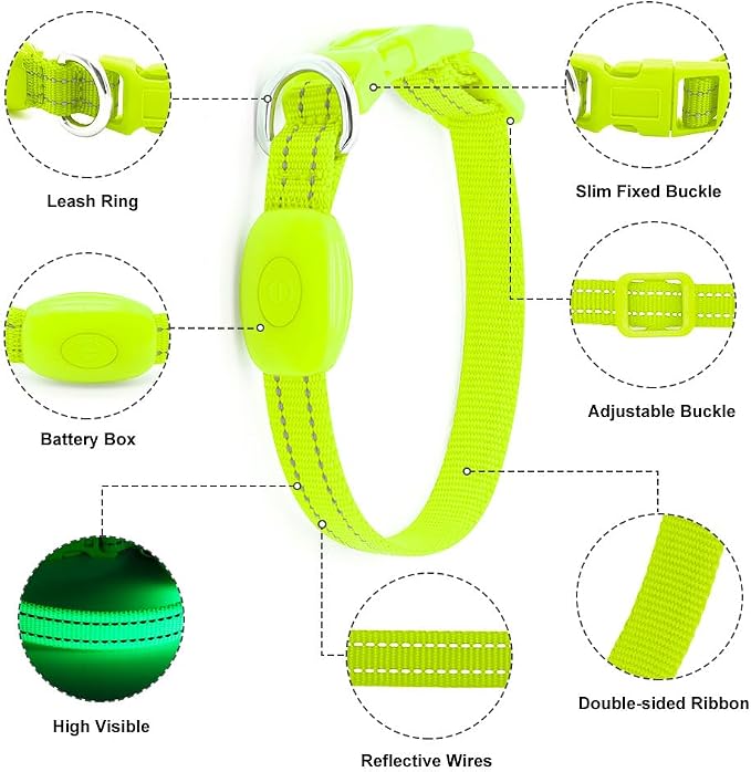 Light Up Dog Collar for Small Dogs - LED Dog Collar Rechargeable Adjustable Puppy Collars, Glow in The Dark Dog Lights for Night Walking（X-Small, Green） - Image 2