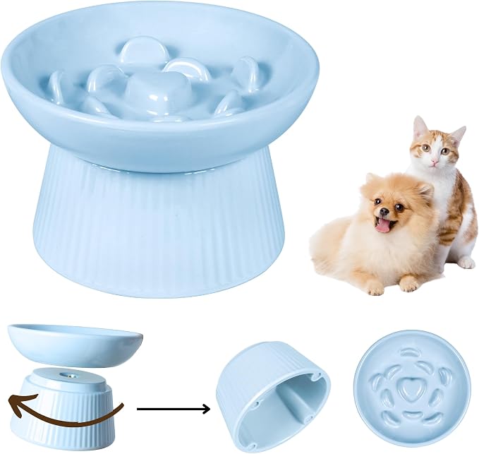 Unbreakable Raised Slow Feeder Bowl for Cats and Small Dogs, Elevated Cat Bowls, Detachable Slow Feede Bowl, Heavy Weighted, Non-Slip Feeder, Whisker Friendly (Blue, Round - 6.2w'' x 1.5h'' inch) by FullCharm