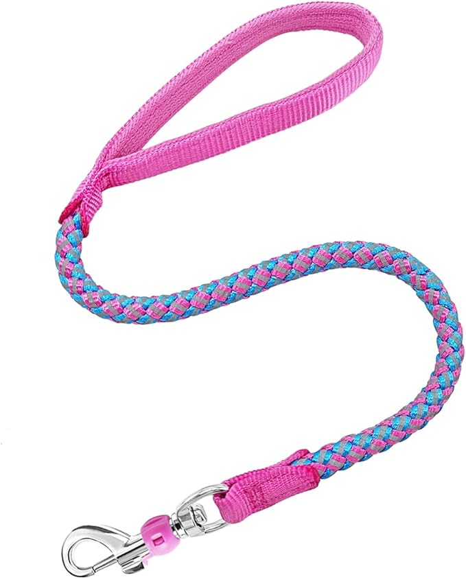 Reflective Dog Leash 2/3/4/6/10ft Braided 1/2" Strong Nylon Rope | 2FT Pink Dog Leash for Large Medium Small Dogs Walking Training Leads by Mycicy