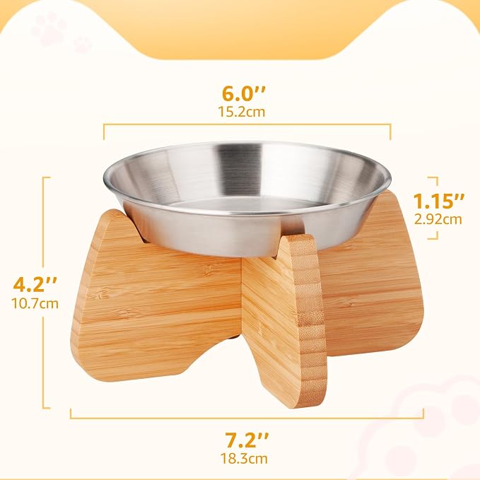 Raised Stainless Steel Cat Bowl with Bamboo Stand (1 Pcak) | Dishwasher Safe, Non-Slip Pads, Wide, Flat and Shallow Bottom, Anti Whisker Fatigue, Cute, Plate for Dry and Wet Food - Image 6
