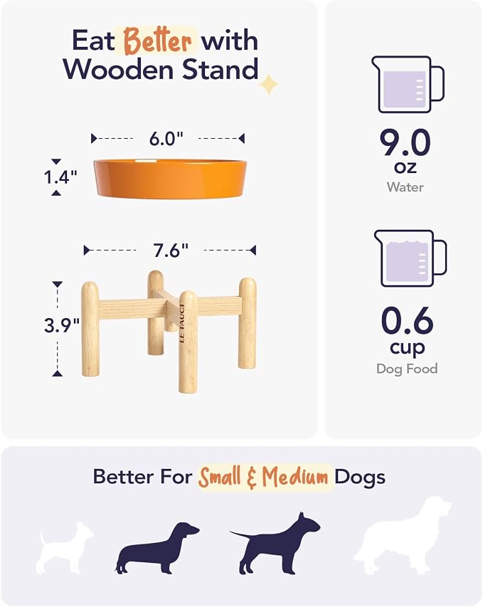 LE TAUCI Ceramic Slow Feed Dog Bowls, Elevated, Anti-Gulping, Non-Slip, 6 inch, Orange - Image 4