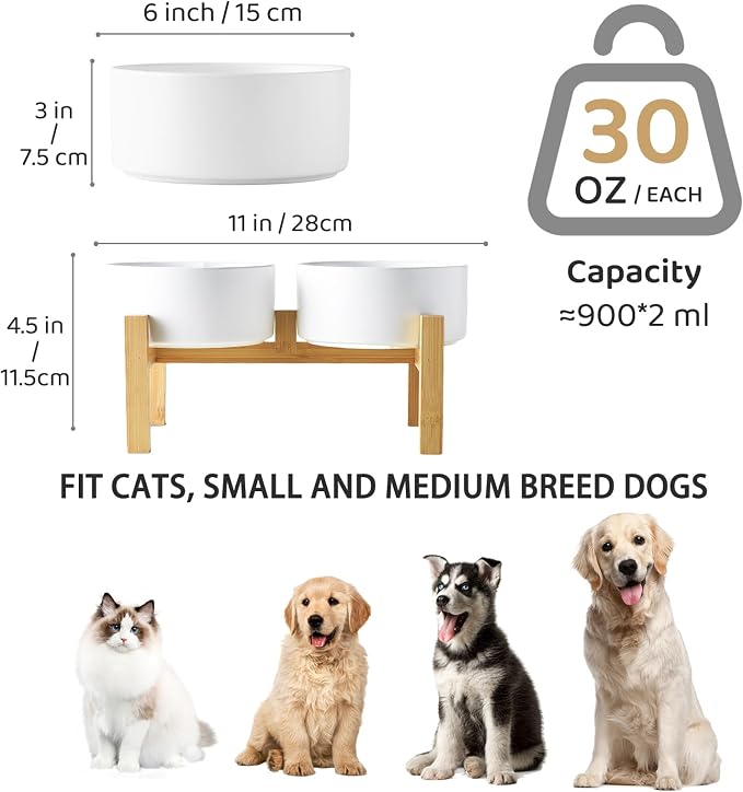 Raised Ceramic Dog Bowl Set - Elevated Dog Bowls with Non Slip Bamboo Stand, Food and Water Bowl Set for Small and Medium Breed Dogs, Pet Bowls, Weighted Dogs Dishes (6'', 2 * 30OZ, White) - Image 3