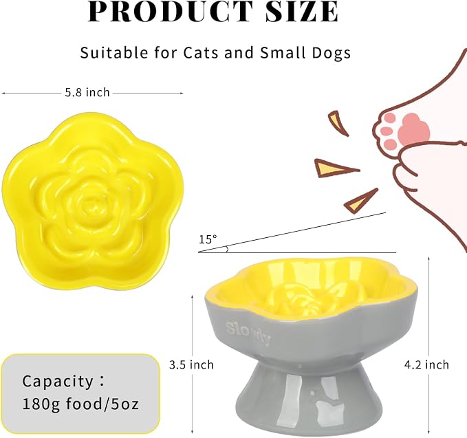 S&Q's CERAMICS Raised Slow Feeder Cat Bowl, Ceramic Elevated Food Bowl Small Dogs Slow Feeder, Flower Shaped Cute Pet Dish for Dry and Wet Food (Yellow, 5.8") - Image 2