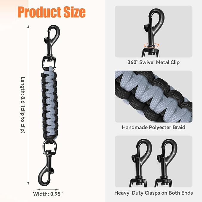 Dog Collar Safety Clip, Collar Companion, Handmade Backup Safety Strap, Double-Ended Clip Leash Connector, Suitable for Dog Harnesses, Prong, Pinch Collars (Black,Silver Gray, 1 Pack) - Image 3