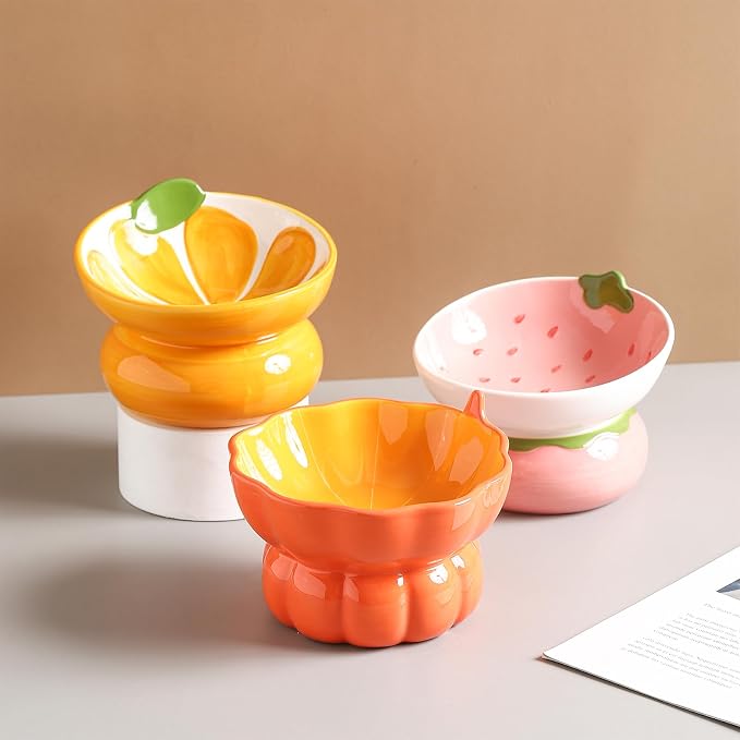 Ceramic Raised Cat Bowl, Pink, Strawberry Shaped | Elevated Food Bowl, Indoor Cats, Anti-Vomiting & Spine Protection, Cute Tilted Pet Dish, For Flat-Faced Cats and Kittens - Image 4