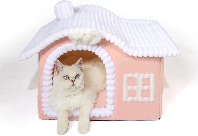 Rabbit Cat Houses for Indoor Cats, Chimney Cute Cat Bed Cave, Enough Interior Space, Cartoon Soft Pet House Up to 3-7 lbs Kitten, Pink by JIUPETY