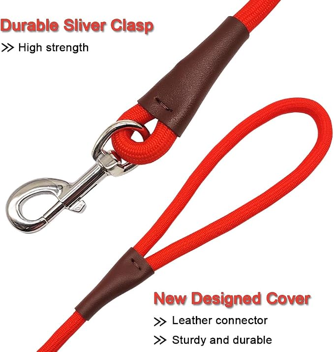MayPaw 4/6 /8/10 FT Dog Leash, Classic Solid Colors, Strong Nylon Rope Dog Leash Reinforced with Leather Tailor Connection Heavy Duty Silver Clasp (red, 6ft*1/2") - Image 3
