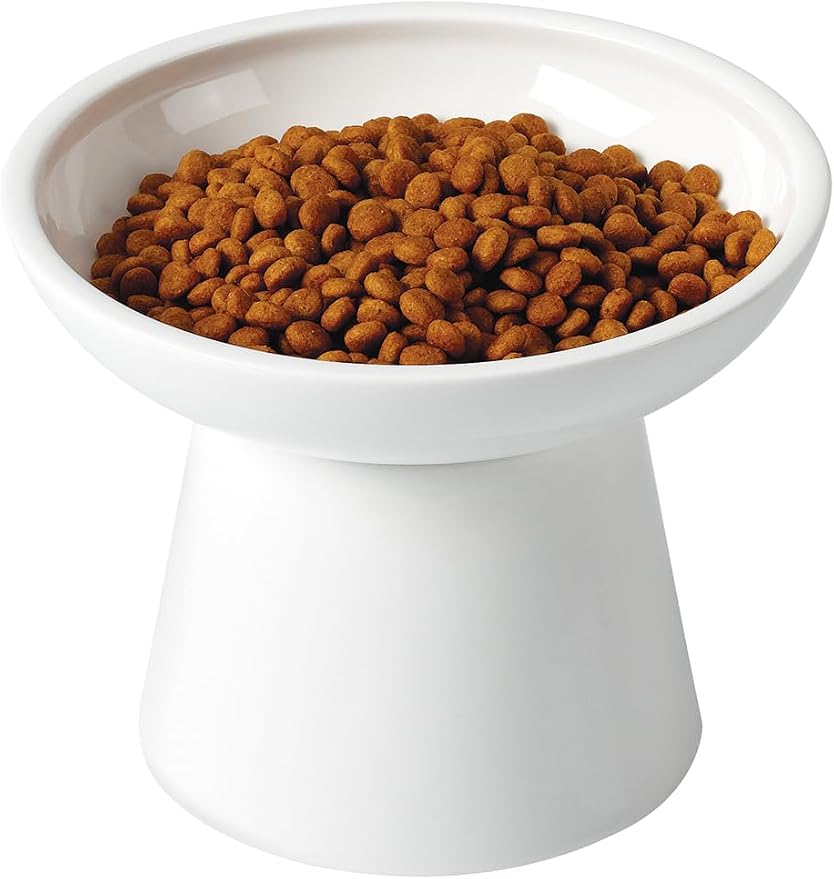 LoeJan Elevated Food and Water Bowls Set, Extra Wide and Raised Ceramic Feeder, Anti-Vomit Whisker-Free Pressure Cat Feeding Bowl for Kittens Adult Cats Small Dogs (White, Food Bowl) by LoeJan