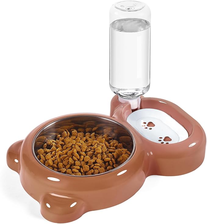 Dog Bowls, Cat Food and Water Bowl Set with Water Dispenser and Stainless Steel Bowl for Cats and Small Dogs - Brown by Azwraith