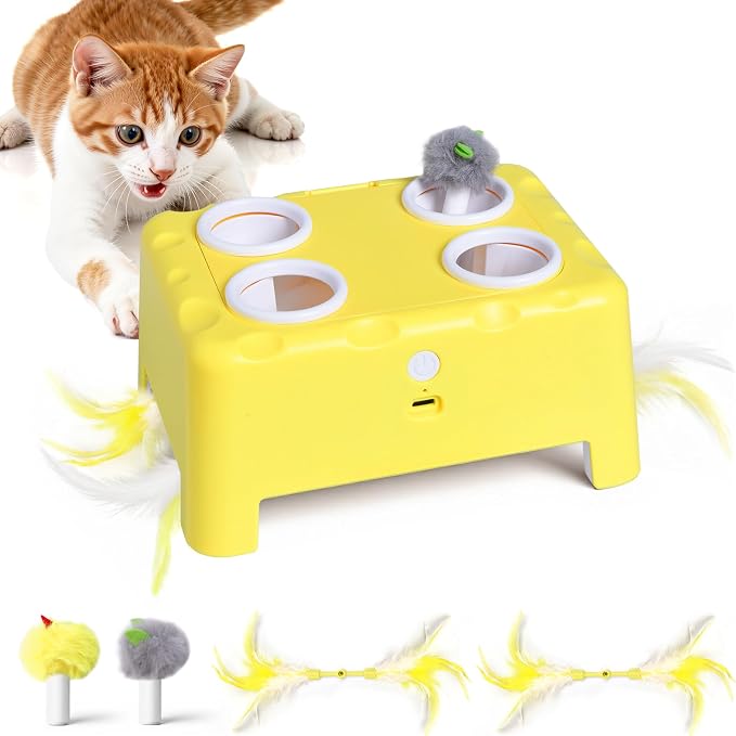 Interactive Cat Feather Toy Cheese Box 3in1 Whack a Mole | 3 Play Modes, Paw-Safe 4 Hole Whack-a-Mole, Anti-Slip Base, 4 Interchangeable Accessories, USB Rechargeable Auto Cat Toy by PETSWEET