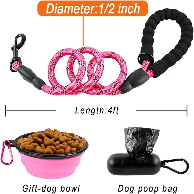 BARKBAY Dog Leashes for Large Dogs Heavy Duty Dog Leash 4/5/6 FT with Comfortable Padded Handle and Highly Reflective Threads for Medium Large Dogs Walking Training Running (4FT-1/2'',Pink) - Image 6