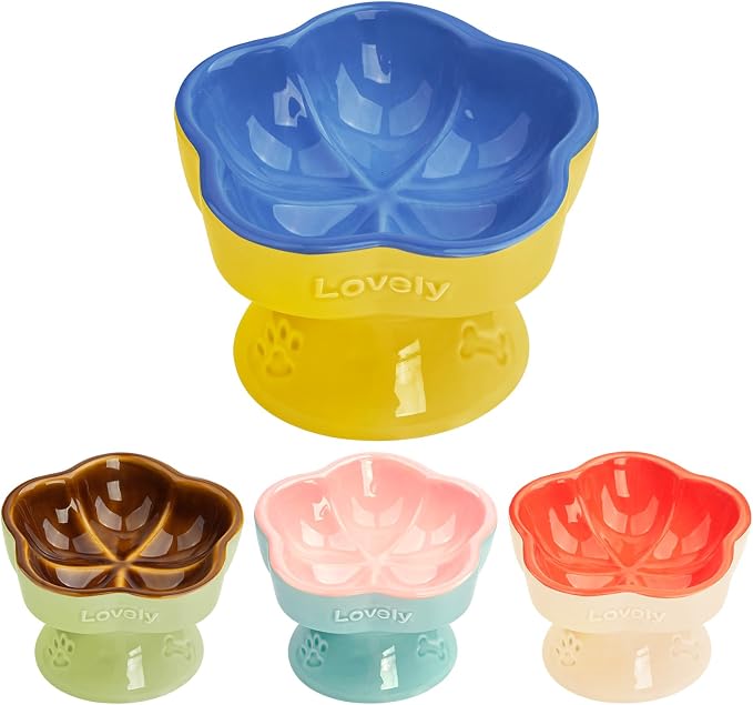 S&Q's CERAMICS Raised Cat Bowl, Elevated Cat Bowl for Food and Water, Ceramic Titled Dish, Anti Vomit & Whisker Friendly, Microwave and Dishwasher Safe (Blue, 5.8") by SQsCeramics