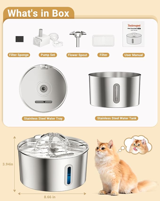Stainless Steel Cat Water Fountain - 108oz/3.2l Metal Pet Water Bowl Dispenser with Quiet Pump - Automatic Water Fountains for Dog/Cats Drinking - Pets Waterer Indoor with Replacement Filters - Image 7