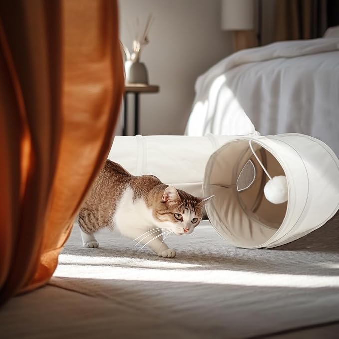 Cat Tunnel, 2-Way Collapsible Cat Tube with Interactive Peek-A-Boo Hole, Toy Ball, and Rope Ideal for Indoor Cats, Kittens, and Rabbits, Beige - Image 8