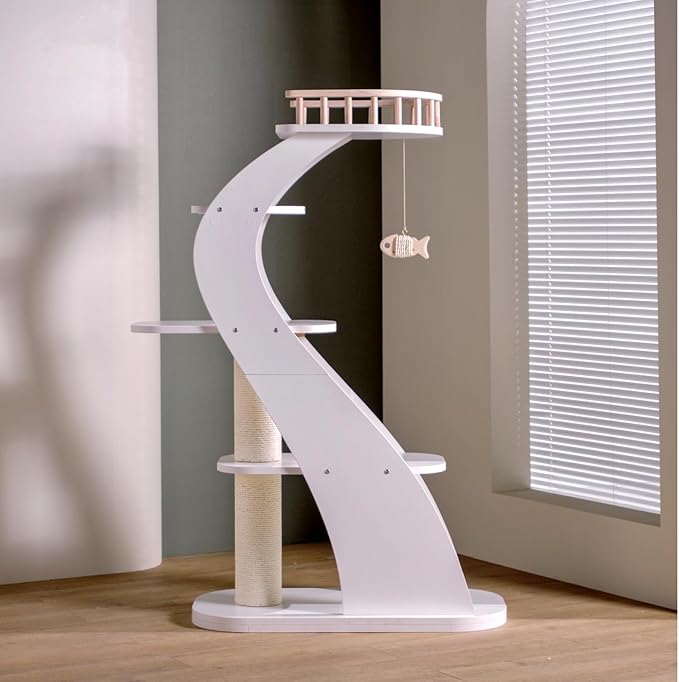 SHENGOCASE Modern Stylish 52.4 inches Tall Wooden Cat Tree Tower, Aesthetic Cat Condo Ladder with 5-Level Big Perch Platform Bed for Window Viewing Watching Large Cat Maine Coon by SHENGOCASE