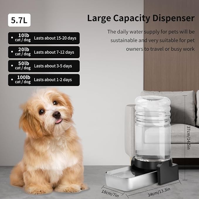 Marchul 1.5 Gallon Cat Water Dispenser, Automatic Gravity Dog Water Feeder, Stainless Steel Large Capacity Cat Waterer for Cats and Small Dogs (3 Filters) - Image 2
