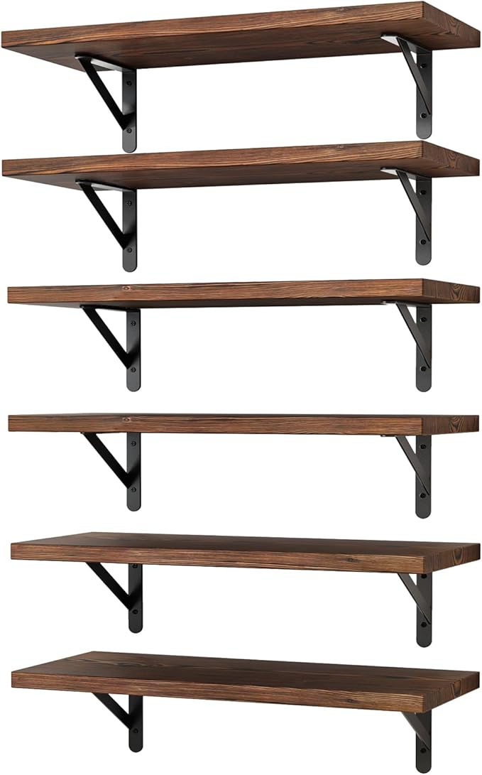 YGEOMER 16.5in Floating Shelves for Wall, Dark Carbonized Pine Set of 6 | Rustic wood shelves with metal brackets. Space-saving for books & decor. Works in bathroom, kitchen, living room & bedroom. by YGEOMER