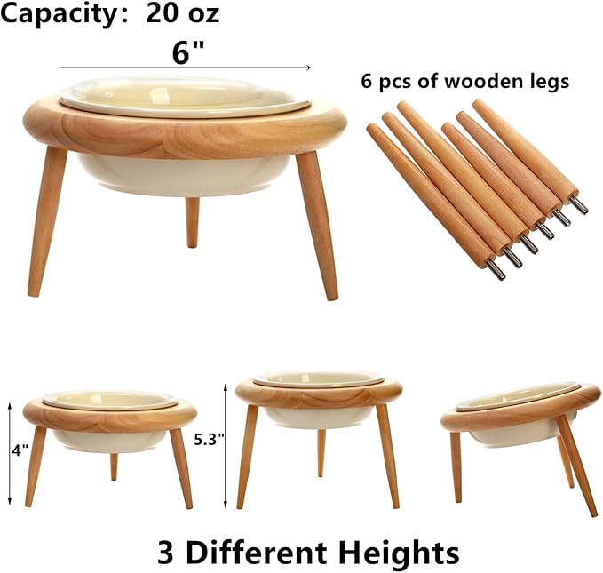 DEAYOU Ceramic Cat Bowl Adjustable, Tilted Elevated Raised Pet Dish, No Spill Pet Food Water Feeder, Slanted Dog Bowl with Wood Stand for Kitty, Pet Supplies, Stress Free, 600 ML/20 OZ, Cream White - Image 2
